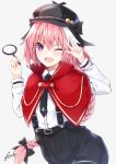  1boy ;d absurdres alternate_costume astolfo_(fate) bee_doushi black_hat black_neckwear black_ribbon blush braid capelet commentary_request eyebrows_visible_through_hair fang fate/apocrypha fate_(series) grey_background hair_ribbon hat highres long_hair long_sleeves magnifying_glass male_focus necktie one_eye_closed open_mouth otoko_no_ko pink_hair ribbon shirt signature simple_background single_braid smile solo v violet_eyes white_shirt 