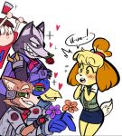  1girl animal_ears axe bell blonde_hair blush blush_stickers dog dog_ears dog_girl dog_tail doubutsu_no_mori falco_lombardi flower fox_mccloud furry gloves hair_ornament helmet multiple_boys nintendo open_mouth rose scruffyturtles shizue_(doubutsu_no_mori) short_hair skirt smile star_fox super_smash_bros. super_smash_bros_ultimate tail topknot villager_(doubutsu_no_mori) wolf_o&#039;donnell 