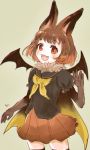  1girl animal_ears bat_ears bat_wings blush brown_hair brown_long-eared_bat_(kemono_friends) cape commentary_request cowboy_shot elbow_gloves eyebrows_visible_through_hair fangs fur_collar gloves kemono_friends korean_commentary multicolored_hair neckerchief pleated_skirt puffy_sleeves sailor_collar san_sami short_hair skirt solo thigh-highs waving wings zettai_ryouiki 