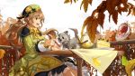  1girl :d autumn_leaves black_skirt bow brown_eyes cake cup ddaomphyo dog dress food green_dress green_hat hat hat_ornament leaf licking long_hair mano_(teria_saga) maple_leaf open_mouth outdoors plate profile railing sitting skirt slice_of_cake smile spill table teacup teapot teria_saga tiered_tray twintails white_sky yellow_bow 