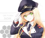  1girl blonde_hair character_name commentary epaulettes girls_frontline gloves green_eyes hat long_hair looking_at_viewer military military_uniform necktie setoka12 smile stg44_(girls_frontline) uniform 