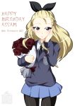  1girl assam black_legwear black_neckwear black_ribbon blonde_hair blue_eyes blue_skirt blue_sweater bouquet character_name closed_mouth commentary cowboy_shot dated dress_shirt emblem flower girls_und_panzer hair_pulled_back hair_ribbon hand_on_own_face happy_birthday highres holding holding_bouquet long_hair long_sleeves looking_at_viewer miniskirt necktie ootori_masatsuna pantyhose pleated_skirt red_flower red_rose ribbon rose school_uniform shirt skirt smile solo st._gloriana&#039;s_(emblem) st._gloriana&#039;s_school_uniform standing sweater v-neck watermark white_background white_shirt wing_collar 