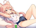  1girl ahoge animal_ears arm_up armpits blue_eyes cat_ears choker covered_navel food hair_bobbles hair_ornament hinata_channel knee_up legs long_hair low_twintails lying nekomiya_hinata on_back one-piece_swimsuit open_mouth pink_hair popsicle rk_(rktorinegi) school_swimsuit solo swimsuit swimsuit_under_clothes twintails vest white_vest 