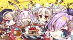  &gt;_o 4girls :p =_= animal_ears ayanami_(azur_lane) azur_lane beret blush box cake cellphone chibi commentary_request fake_animal_ears food gift gift_box hat javelin_(azur_lane) komowata_haruka laffey_(azur_lane) multiple_girls one_eye_closed orange_eyes phone purple_hair self_shot silver_hair smoke soft_drink tempura tongue tongue_out violet_eyes z23_(azur_lane) 