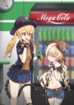  2girls absurdres belt blonde_hair blurry blurry_background can closed_eyes colt_m1873_(girls_frontline) cowboy_hat drawing_gun girls_frontline hat height_difference highres holster jacket m870_(girls_frontline) mechanical_tail midriff multiple_girls navel pepsi shaded_face sheriff_badge smug soda_can soft_drink tail twintails 