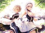  2girls apron armpits azur_lane bangs belfast_(azur_lane) black_dress blonde_hair blue_eyes blush braid breasts chains cleavage closed_mouth collar collarbone corset corsetman day dress dress_lift elbow_gloves eyebrows_visible_through_hair floating_hair french_braid frilled_gloves frills garter_straps gloves hair_over_one_eye holding holding_tray large_breasts lifted_by_self long_hair long_sleeves looking_at_viewer maid maid_headdress medium_breasts mugi_(iccomae) multiple_girls outdoors parted_lips petals sheffield_(azur_lane) short_hair silver_hair smile spoon teapot thigh-highs thighs tray tree twitter_username white_apron white_gloves white_legwear wind yellow_eyes 