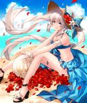  1girl ball bare_legs bare_shoulders beach beachball bikini blue_bikini blue_bow blue_eyes bow breasts eyebrows_visible_through_hair fate/grand_order fate_(series) flower grey_hair hair_between_eyes hat hat_bow hat_flower hizuki_miya jewelry long_hair looking_at_viewer marie_antoinette_(fate/grand_order) medium_breasts necklace open_mouth petals red_flower sand sidelocks sitting smile solo swimsuit twintails very_long_hair white_flower 