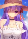  1girl bb_(fate)_(all) bb_(fate/extra_ccc) blush breasts choker cleavage closed_mouth collarbone day eyebrows_visible_through_hair fate/grand_order fate_(series) hair_ribbon hat highres large_breasts long_hair looking_at_viewer one_eye_closed outdoors purple_hair red_ribbon ribbon smile solo violet_eyes zeolch 
