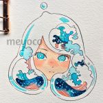  1girl aqua_eyes artist_name blue_hair face liquid liquid_hair medium_hair meyoco original patterned_hair photo portrait solo traditional_media watercolor_(medium) waves 