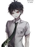  1boy black_hair dangan_ronpa dress_shirt green_eyes green_neckwear grey_shirt heterochromia hinata_hajime looking_at_viewer male_focus necktie new_dangan_ronpa_v3 red_eyes shirt short_sleeves simple_background smile solo spiky_hair twitter_username upper_body white_background z-epto_(chat-noir86) 