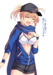  1girl ahoge artoria_pendragon_(all) ass black_hat black_shorts blonde_hair blush breasts cleavage closed_eyes cross_(crossryou) eyebrows_visible_through_hair facing_viewer fate/grand_order fate_(series) hair_between_eyes hair_through_headwear hat jacket medium_breasts mysterious_heroine_x open_clothes open_jacket open_mouth scarf short_hair short_ponytail short_shorts shorts solo standing sweatdrop visor_cap white_background white_bikini_top zipper_pull_tab 