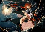  1girl akaiha_(akaihasugk) bare_legs black_shirt clouds cloudy_sky drum drumsticks eyebrows_visible_through_hair horikawa_raiko instrument lightning looking_to_the_side necktie open_mouth red_eyes redhead shining_needle_castle shirt shoes short_hair skirt sky smile thighs touhou 