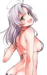  1girl :d ahoge arm_at_side ass bikini blush breasts butt_crack diagonal-striped_bikini from_behind green_eyes head_tilt kantai_collection kinugasa_(kantai_collection) konnyaku_(kk-monmon) looking_at_viewer looking_back medium_breasts medium_hair open_mouth shoulder_blades sideboob silver_hair simple_background smile solo strap_gap swimsuit white_background 