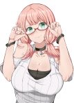  1girl bang_dream! black_choker breasts choker cleavage closed_mouth collarbone commentary_request fingernails glasses green_eyes highres large_breasts looking_at_viewer pink_hair red-framed_eyewear rihitozoire semi-rimless_eyewear short_hair short_twintails simple_background smile solo twintails uehara_himari under-rim_eyewear upper_body white_background 