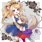  2girls :d animal_ears asymmetrical_clothes blonde_hair breasts brown_hair cheetah_ears cheetah_tail cheety_(show_by_rock!!) child commentary_request dress fang fennery_(show_by_rock!!) fox_ears frilled_dress frills fur-trimmed_boots fur_trim grey_background hand_on_another&#039;s_head heart hug light_brown_hair long_hair long_sleeves multicolored_hair multiple_girls nail_polish open_mouth pantyhose purple_footwear red_eyes red_nails rose_background shirt short_hair show_by_rock!! simple_background skirt sleeveless smile streaked_hair two-tone_background white_background yaku_aji 