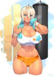  1girl 23_(real_xxiii) ahoge blonde_hair blue_eyes blush breasts cleavage dark-skinned_girl_(23) dark_skin female highres huge_breasts looking_at_viewer midriff navel original punching_bag short_hair skindentation solo sweat tank_top towel wristband 