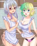  1girl :d :o apron apron_lift black-framed_eyewear blonde_hair blue_eyes blush breasts cabinet circlet cleavage counter elf glasses gradient_hair green_hair hair_between_eyes indoors kusunokinawate large_breasts long_hair multicolored_hair naked_apron official_art omc open_mouth panties pointy_ears purple_hair purple_panties short_hair sidleocks smile standing tan tile_wall tiles underwear 