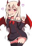  absurdres bangs bare_shoulders black_dress black_legwear black_panties blonde_hair blush bow commentary_request cosplay demon_girl demon_horns demon_wings dress eyebrows_visible_through_hair fate/kaleid_liner_prisma_illya fate_(series) finger_to_mouth frilled_dress frills grim_aloe grim_aloe_(cosplay) hair_between_eyes hands_up heart highres horns illyasviel_von_einzbern long_hair long_sleeves mitchi nose_blush off_shoulder panties parted_lips quiz_magic_academy quiz_magic_academy_the_world_evolve red_bow red_eyes red_wings simple_background smile thigh-highs underwear very_long_hair white_background wings 