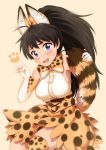  1girl :3 :d animal_ear_fluff animal_ears antenna_hair armpit_crease armpits bangs bare_shoulders black_hair blue_eyes blush bow bowtie breasts brown_belt claw_pose commentary_request cosplay cross-laced_clothes crossover eyebrows_visible_through_hair fang furrowed_eyebrows ganaha_hibiki gloves hands_up high-waist_skirt high_ponytail hiiringu holding_own_tail idolmaster idolmaster_(classic) kemono_friends kemonomimi_mode large_breasts long_hair looking_at_viewer open_mouth orange_background orange_gloves orange_legwear orange_neckwear orange_skirt paw_print print_gloves print_legwear print_neckwear print_skirt serval_(kemono_friends) serval_(kemono_friends)_(cosplay) serval_ears serval_girl serval_print serval_tail shirt shirt_tucked_in simple_background skirt sleeveless sleeveless_shirt smile solo sweatdrop tail thigh-highs thighs very_long_hair zettai_ryouiki 