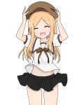  1girl :d ^_^ abigail_williams_(fate/grand_order) arms_up ass_visible_through_thighs atsumisu bangs beret black_skirt blonde_hair blush bow brown_bow brown_hat closed_eyes closed_eyes collarbone commentary_request cosplay cowboy_shot eyebrows_visible_through_hair facing_viewer fate/grand_order fate/kaleid_liner_prisma_illya fate_(series) forehead hands_on_headwear hat highres homurahara_academy_uniform illyasviel_von_einzbern illyasviel_von_einzbern_(cosplay) long_hair open_mouth parted_bangs pleated_skirt puffy_short_sleeves puffy_sleeves school_uniform shirt short_sleeves simple_background skirt smile striped striped_bow upper_teeth very_long_hair white_background white_shirt wind wind_lift 