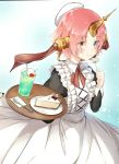  1girl alternate_costume apron bangs bendy_straw beret black_dress blue_eyes blush brown_eyes cake cheesecake cherry_blossoms closed_mouth cup dress drink drinking_glass drinking_straw enmaided fate/grand_order fate_(series) flower food fork frankenstein&#039;s_monster_(fate) hat heterochromia highres holding holding_flower holding_tray horn ice ice_cream ice_cream_float ice_cube juliet_sleeves long_sleeves maid mini_hat parted_bangs pink_hair plate puffy_sleeves sena_tea29 short_hair slice_of_cake smile solo tray white_apron white_flower white_hat 