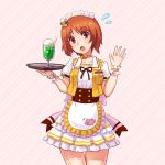  1girl :o alternate_costume anglerfish apron bangs bear_hair_ornament blush boko_(girls_und_panzer) bow brown_eyes brown_hair coco&#039;s commentary_request cowboy_shot diagonal-striped_background diagonal_stripes drinking_straw emblem eyebrows_visible_through_hair flustered flying food frilled_apron frilled_skirt frilled_sleeves frills girls_und_panzer glass hair_ornament hand_up head_tilt highres holding ice_cream ice_cream_float jacket large_bow layered_skirt light_frown looking_at_viewer maid_headdress miniskirt name_tag nishizumi_miho open_mouth pink_background pink_bow puffy_short_sleeves puffy_sleeves shirt short_hair short_sleeves skirt sleeveless_jacket solo standing striped striped_background takapachi thigh_gap tray vest waist_apron waving white_apron white_shirt white_skirt wristband yellow_jacket 
