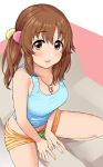 1girl bangs bare_arms bare_shoulders blue_tank_top breasts brown_eyes brown_hair cleavage eyebrows_visible_through_hair heart heart_necklace idolmaster idolmaster_cinderella_girls jewelry large_breasts lips looking_at_viewer looking_up low_twintails medium_hair midriff omaru_gyuunyuu pendant short_shorts shorts sitting solo straddling tank_top totoki_airi twintails 