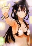  1girl absurdres bangs bikini blurry blurry_background bracelet breasts glowing hair_between_eyes highres jewelry long_hair looking_at_viewer medium_breasts okuto original outstretched_arm pointing red_eyes smile swimsuit upper_body white_bikini 