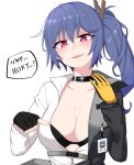  1girl bikini black_bikini black_gloves blue_hair blush breasts child_(isoliya) cleavage collarbone commentary earrings eyebrows_visible_through_hair fingerless_gloves girls_frontline gloves grey_coat hair_between_eyes hair_ornament hairclip hands_up jewelry k11_(girls_frontline) korean large_breasts leather_choker long_hair long_sleeves messy_hair multiple_straps name_tag open_clothes open_mouth partially_unbuttoned pointing pointing_at_self red_eyes shaded_face shirt side_ponytail sidelocks simple_background smile solo speech_bubble stud_earrings swimsuit torogao translation_request upper_teeth white_background white_shirt yellow_gloves 