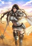  1girl armor belt belt_pouch black_eyes black_hair black_legwear blurry blurry_background breasts cape character_request clouds covered_navel cross-laced_clothes day fantasy gauntlets highres jdori lens_flare long_hair looking_at_viewer mace medium_breasts navel official_art outdoors pouch smile solo standing tamsig-ui_jaelim very_long_hair weapon white_cape 
