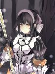  1girl black_hair bow bowtie eyebrows_visible_through_hair gauntlets hair_bow highres holding long_hair looking_at_viewer maid maid_headdress narberal_gamma overlord_(maruyama) ponytail shiny shiny_hair smile solo upper_body white_bow yellow_eyes yu_kitsune 