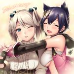  2girls :d ^_^ anniversary arm_guards armpit_crease armpits bandeau bangs bare_shoulders black_gloves blue_eyes blue_ribbon blush breasts ciel_alencon closed_eyes closed_eyes corset elbow_gloves eyebrows_visible_through_hair fingerless_gloves fingernails frilled_shirt frills gloves god_eater god_eater_2:_rage_burst grey_hair hair_ornament hair_ribbon hair_rings highres holding_hand hood hood_down hooded_vest hug kouzuki_nana large_breasts looking_at_viewer medium_breasts multiple_girls one_eye_closed open_clothes open_mouth open_vest parted_lips pink_background pink_gloves pink_lips pink_vest ribbon shirt short_hair signature smile suspenders swept_bangs under_boob underbust upper_body vest watanuki_kaname white_shirt x_hair_ornament 