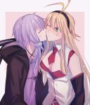  2girls antenna_hair aoki_shizumi black_hairband black_hoodie blonde_hair cheek_kiss closed_eyes commentary_request hairband hood hoodie kiss long_hair multiple_girls one_eye_closed purple_hair sweatdrop tsurumaki_maki very_long_hair voiceroid yuri yuzuki_yukari 