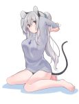  1girl akagashi_hagane alternate_hair_length alternate_hairstyle animal_ears barefoot blush breasts full_body grey_hair long_hair medium_breasts mouse mouse_ears mouse_tail nazrin no_pants panties red_eyes revision ribbed_sweater simple_background solo sweater tail touhou underwear white_background white_panties 