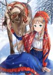  1girl absurdres antlers blue_eyes brown_hair cherim dress fence forest gloves hair_ribbon hat highres nature original reindeer ribbon sami_clothes sitting snow traditional_clothes 