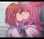  2girls aoki_shizumi commentary_request fate/grand_order fate_(series) fujimaru_ritsuka_(female) hair_ornament hair_scrunchie hand_on_another&#039;s_head hidden_mouth hildr_(fate/grand_order) multiple_girls one_side_up pink_hair red_eyes scrunchie sideways_glance sweat upper_body valkyrie_(fate/grand_order) yuri 