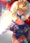  1girl absurdres armor artoria_pendragon_(all) artoria_pendragon_(lancer) bangs blue_dress blue_gloves braid breasts cape cleavage closed_mouth commentary_request crown dress fate/grand_order fate_(series) french_braid fujitsubo_(hujitubo0731) fur-trimmed_cape fur_trim gauntlets gloves glowing glowing_weapon green_eyes hair_between_eyes highres lance large_breasts legs polearm red_cape rhongomyniad sidelocks weapon 