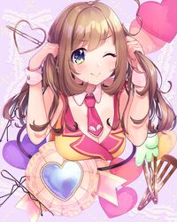  1girl alternate_hairstyle bbbannooo blush breasts cleavage closed_mouth eyebrows_visible_through_hair hair_ornament hairclip heart idolmaster idolmaster_cinderella_girls large_breasts long_hair looking_at_viewer necktie one_eye_closed pink_neckwear satou_shin smile solo wrist_cuffs 