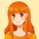  1girl bangs blunt_bangs casual closed_mouth commentary crescent crescent_earrings earrings eyebrows_visible_through_hair girls_und_panzer highres jewelry long_hair looking_at_viewer orange_eyes orange_hair orange_sweater portrait smile solo sweater takapachi takebe_saori yellow_background 