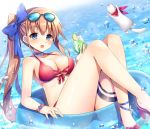  1girl :d animal bangs bare_legs bare_shoulders bendy_straw bikini blue_bow blue_choker blue_eyes blue_flower blue_innertube blush bow breasts brown-framed_eyewear brown_hair choker cleavage collarbone commentary_request cup cupping_glass drink drinking_glass drinking_straw dutch_angle eyebrows_visible_through_hair eyewear_on_head fal_(girls_frontline) ferret flower flower_bracelet girls_frontline hair_between_eyes hair_bow high_heels innertube large_breasts light_brown_hair long_hair looking_at_viewer mauve open_mouth red_bikini red_flower red_footwear shoes side-tie_bikini side_ponytail smile solo sunglasses swimsuit thigh_strap transparent very_long_hair water water_drop 