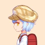  1girl aoi_tsunami backpack bag bangs blue_hair brown_background brown_hat cabbie_hat collared_shirt commentary hat looking_at_viewer looking_to_the_side orange_eyes original parted_lips plaid_hat profile randoseru shirt short_hair simple_background solo symbol_commentary white_shirt 