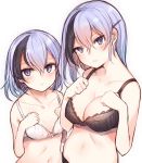  2girls age_comparison black_bra black_hair black_panties blue_eyes bra breasts dual_persona hair_ornament hairclip hands_on_own_chest highres kinukawa_chinatsu looking_at_viewer medium_breasts multicolored_hair multiple_girls older panties parted_lips purple_hair short_hair small_breasts tsunekichi underwear underwear_only white_background white_bra younger 
