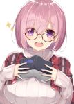  1girl bangs blush book breasts brown-framed_eyewear commentary_request dutch_angle eyebrows_visible_through_hair fate/grand_order fate_(series) glasses hair_between_eyes hands_up holding holding_book large_breasts long_sleeves mash_kyrielight open_book pink_hair plaid short_hair simple_background sleeves_past_wrists solo sparkle sweater turtleneck turtleneck_sweater violet_eyes white_background white_sweater yuzu-aki 