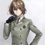  1boy akechi_gorou black_gloves brown_hair gloves grey_background grey_blazer hair_between_eyes hand_on_hip houhou_(black_lack) looking_to_the_side male_focus necktie persona persona_5 red_eyes school_uniform shiny shiny_hair short_hair simple_background smile solo upper_body vertical-striped_neckwear 