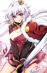  1girl absurdres ahoge artist_name breasts crown dated epaulettes fur_trim highres jacket_on_shoulders kiraki large_breasts long_hair long_sleeves looking_at_viewer low-tied_long_hair low_twintails mini_crown scrunchie senki_zesshou_symphogear silver_hair simple_background skirt solo sword twintails very_long_hair violet_eyes weapon white_background yukine_chris 