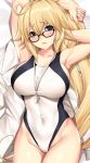  1girl armpits arms_behind_head bed_sheet black-framed_eyewear blonde_hair blue_eyes blush breasts competition_swimsuit covered_navel cowboy_shot dakimakura fate/grand_order fate_(series) glasses jeanne_d&#039;arc_(fate)_(all) jeanne_d&#039;arc_(swimsuit_archer) large_breasts long_hair looking_at_viewer lying on_back one-piece_swimsuit open_mouth ponytail solo swimsuit tony_guisado whistle white_swimsuit 