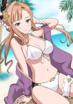  1girl arm_behind_head arm_up bangs bare_shoulders beach bikini blue_sky blush braid breasts choker cleavage collarbone flower french_braid granblue_fantasy green_eyes hair_flower hair_ornament hairband head_wings hips large_breasts leg_garter long_hair looking_at_viewer navel orange_hair palm_tree sash satoumizu_(j5xsyd9jk) sidelocks sitting sky smile solo song_(granblue_fantasy) swimsuit thighs tree waist white_bikini wrist_straps 