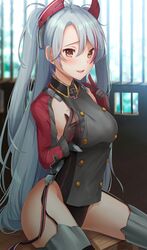  1girl antenna_hair armpit_cutout azur_lane bangs black_panties blush breasts brown_eyes day eyebrows_visible_through_hair garter_straps groin hair_between_eyes hand_on_own_chest hand_up headgear highres index_finger_raised indoors iron_cross kelly_0w0 large_breasts long_hair looking_at_viewer mole mole_on_breast multicolored_hair open_mouth panties prinz_eugen_(azur_lane) redhead silver_hair sitting smile solo streaked_hair thigh-highs thighs two_side_up underwear very_long_hair window 