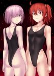  2girls ahoge ass black_background black_swimsuit cowboy_shot empty_eyes fate/grand_order fate_(series) fujimaru_ritsuka_(female) gradient gradient_background hai_(h81908190) hair_over_one_eye highleg highleg_swimsuit highres mash_kyrielight multiple_girls one_side_up orange_eyes orange_hair purple_hair red_background short_hair standing swimsuit violet_eyes 