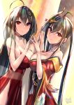  1girl ahoge azur_lane bangs bare_shoulders black_hair breasts choker cleavage different_reflection dress eyebrows_visible_through_hair hair_between_eyes hair_ornament highres japanese_clothes large_breasts long_hair looking_at_viewer mappaninatta mirror red_dress red_eyes reflection side_slit smile solo standing taihou_(azur_lane) twintails 